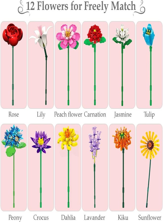 Linkowin Flower Bouquet Building Set,980PCS Creative DIY Plant Bouquet Decoration,12 Artificial Flowers Botanical for Adults Women Girls Ages 6+,Idea Gifts for Mother's Day, Birthdays, No Vase - Image 2